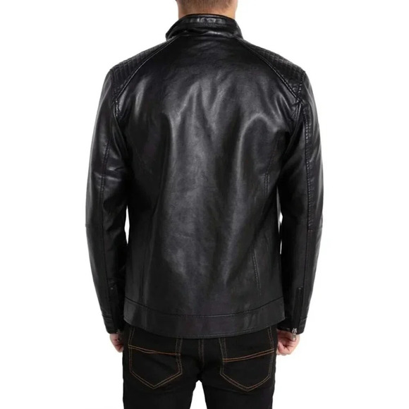 Men's Stand Collar Leather Jacket Motorcycle Lightweight - Picture 6 of 7